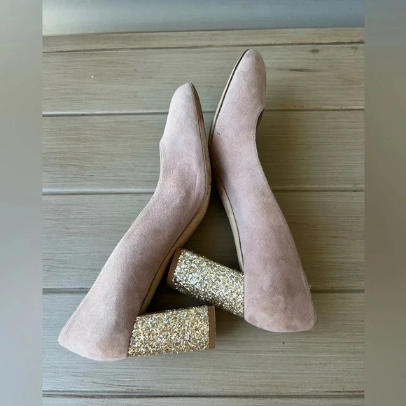 Kate Spade Anastasia Pink Suede Gold Glitter Block Heel Sz 9 - Picture 6 of 12